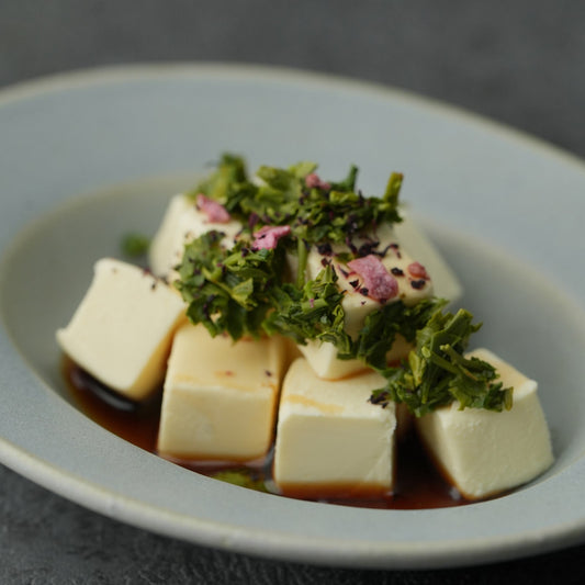 A Silken Tofu Twist with Shincha Leaves and Shiso