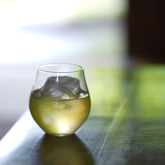 Nakamura Tokichi Uji green tea poured into a glass cup filled with ice