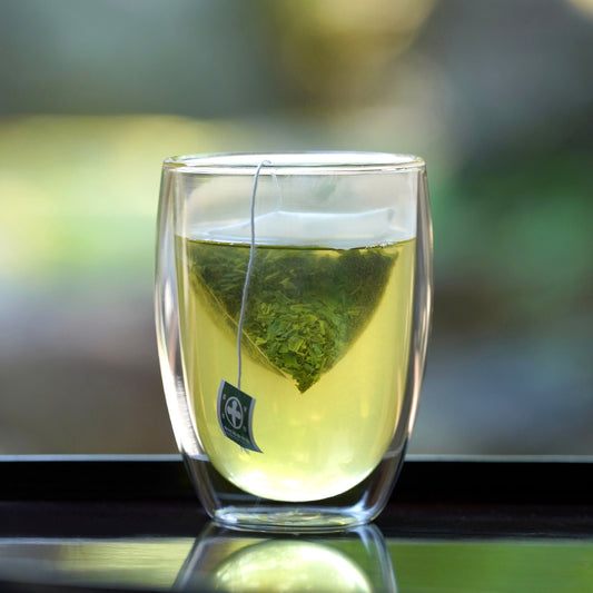 Nakamura Tokichi Shincha First tea of the season tea bag in warm glass cup of tea.